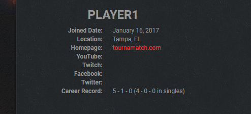 Player profile showing singles and overall win-loss record.