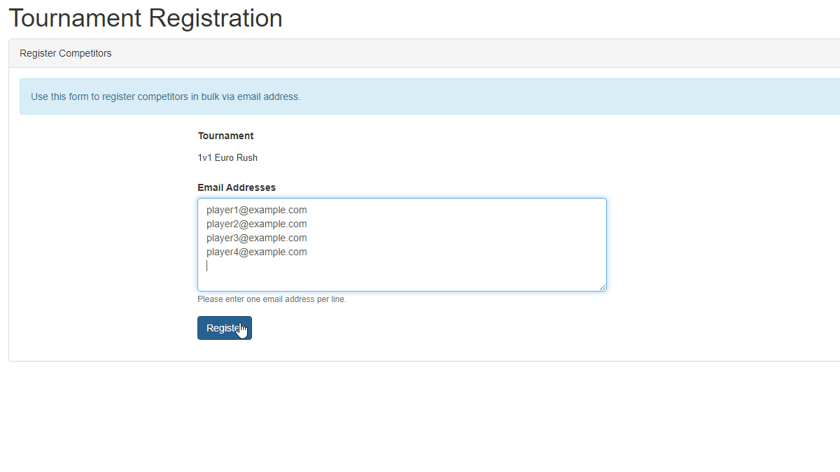 Add players to a tournament in bulk via email.